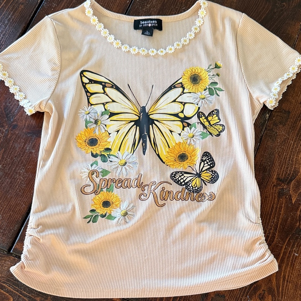 Beautees Cream Tee with Yellow Butterfly & Sunflower Design